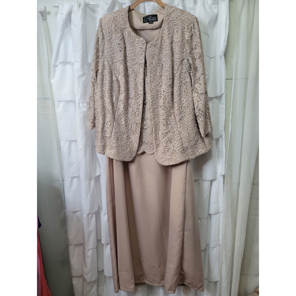 Alex Evenings Womens 18W Lace Sequin Jacket Dress Set Champagne Formal Gown 1400